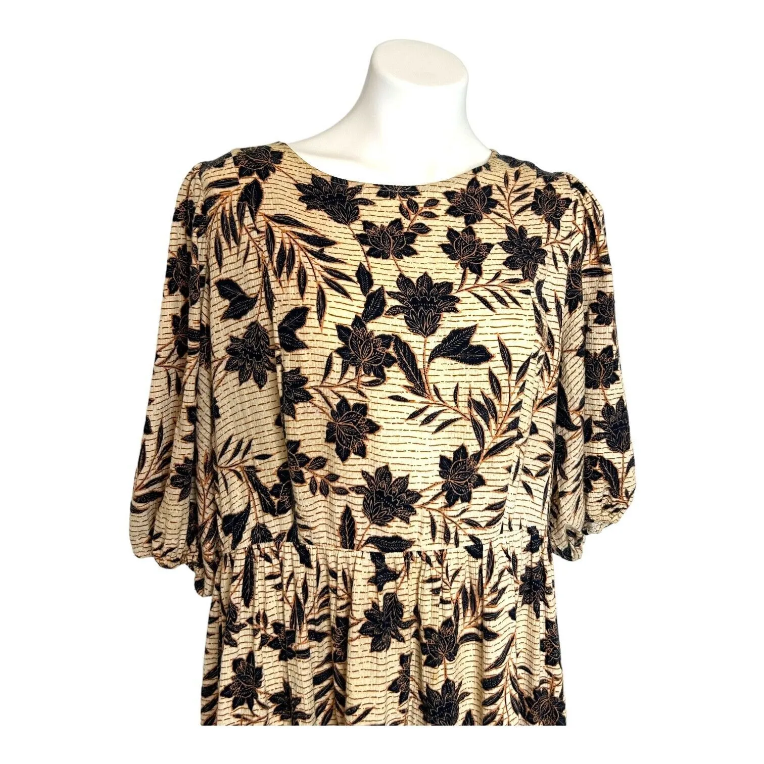 ELOQUII Floral Puff Sleeve‎ Tiered Cotton Midi Dress Cream Navy Blue Women's 16 - Image 4