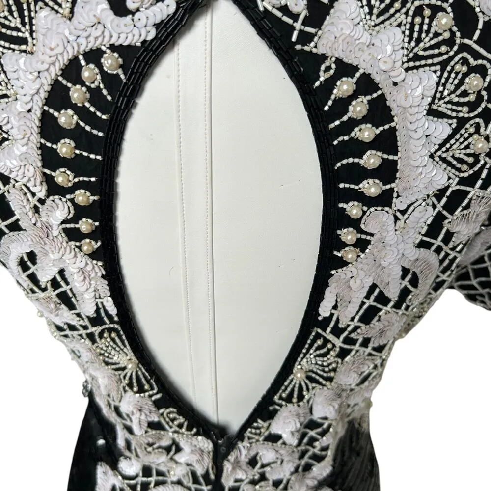 Vintage 80s Beaded Sequined Party Cocktail Mini Dress Carina Black White M Glam Size M - Image 6
