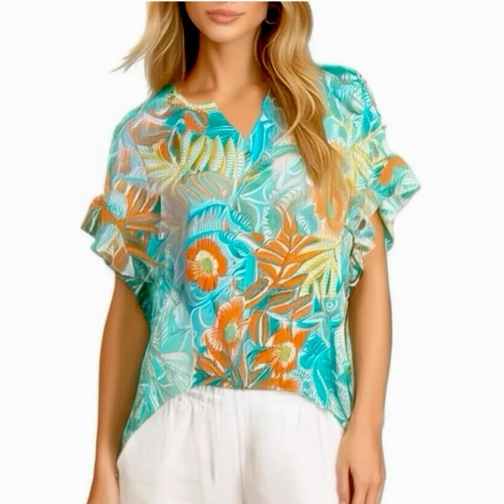 NWT RUBY RD Tropical Floral Short Sleeve Blouse Flutter Sleeve Split Neck Top Orange Size M - Image 12