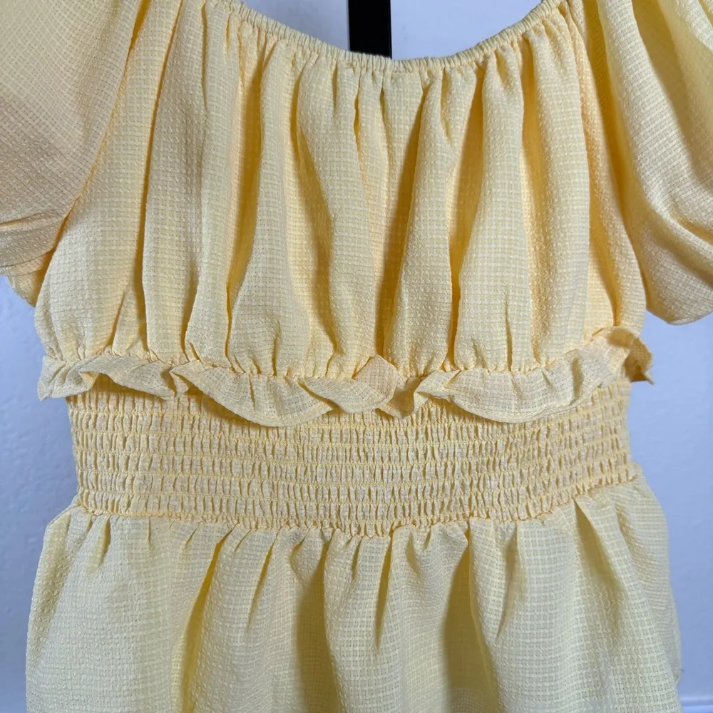 Romantic Cottagecore Yellow Smocked Waist Top Puff Sleeves Ruffle Peplum Large - Image 8