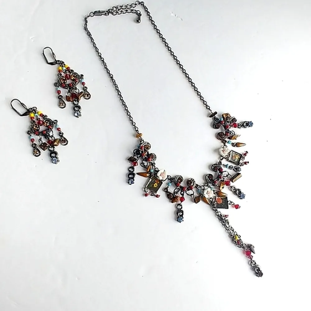 Boho Hippie Mixed Media Charm Dangle Necklace Set - Image 5