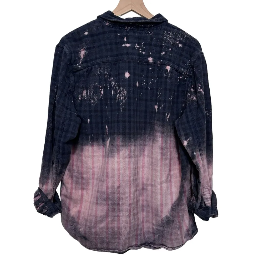 Women’s Hand bleached plaid farmhouse festival fall flannel shirt Blue Size L - Image 4