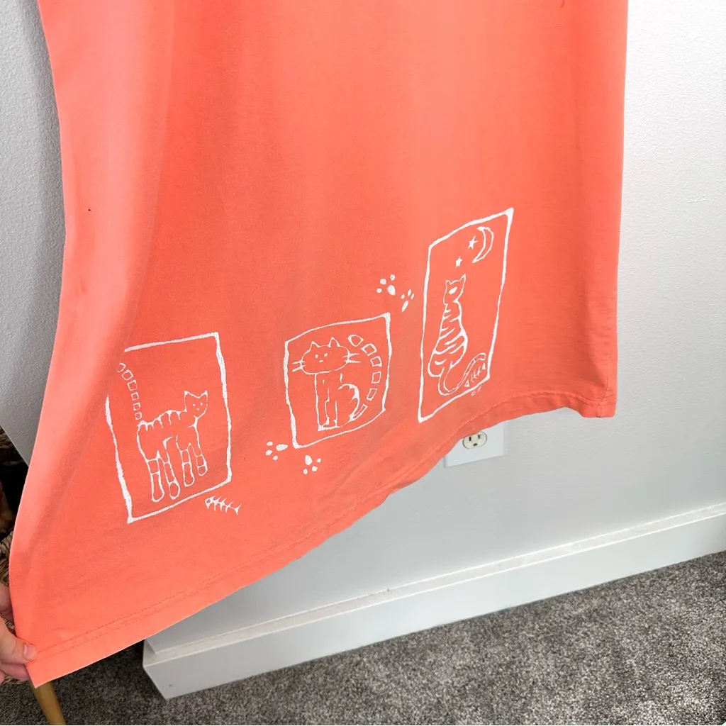 Vintage CITE Cat Maxi Dress Sz L/XL Black Peach Cotton 90s Coastal Grandma Cité Orange Size L - Image 3