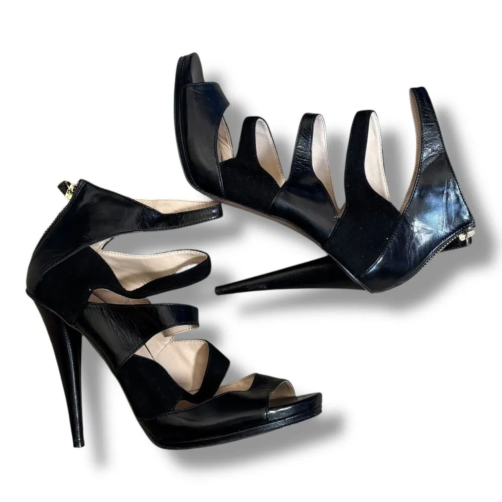 Nine West  Amability Black Strappy Cutout Heeled Leather Sandals Size 8 Medium - Image 2