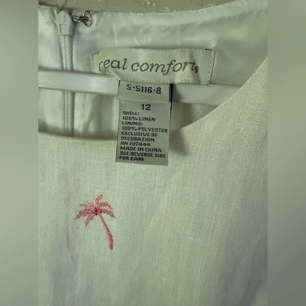 Real Comfort Linen White w/Pink Embroidered Palm Trees SL Lined Dress Size 12 - Image 2