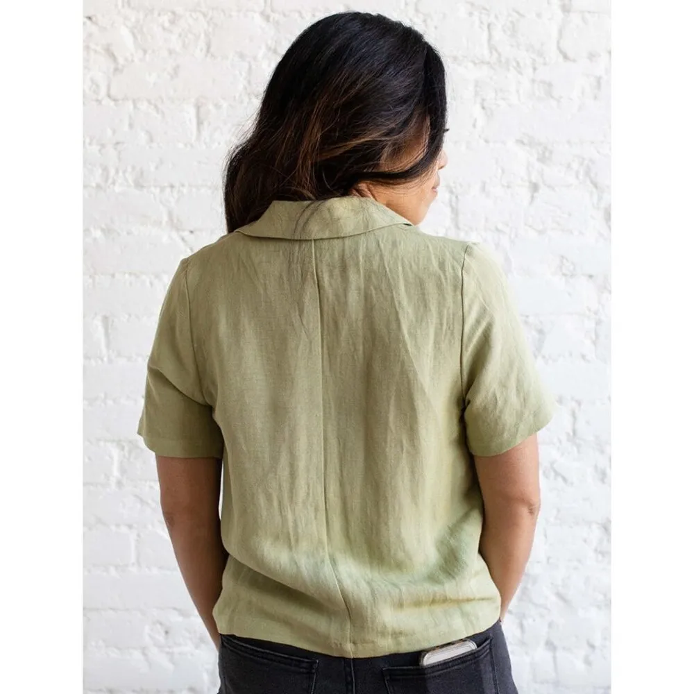 Paper Crane Biege Cream Linen Collared Button-up Crop Blouse Shirt Woman's SMALL - Image 11