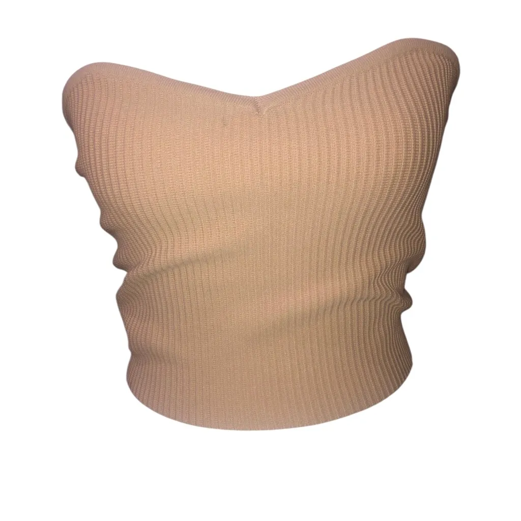 Elegant Beige Strapless Ribbed Top Tan Size L - Image 2