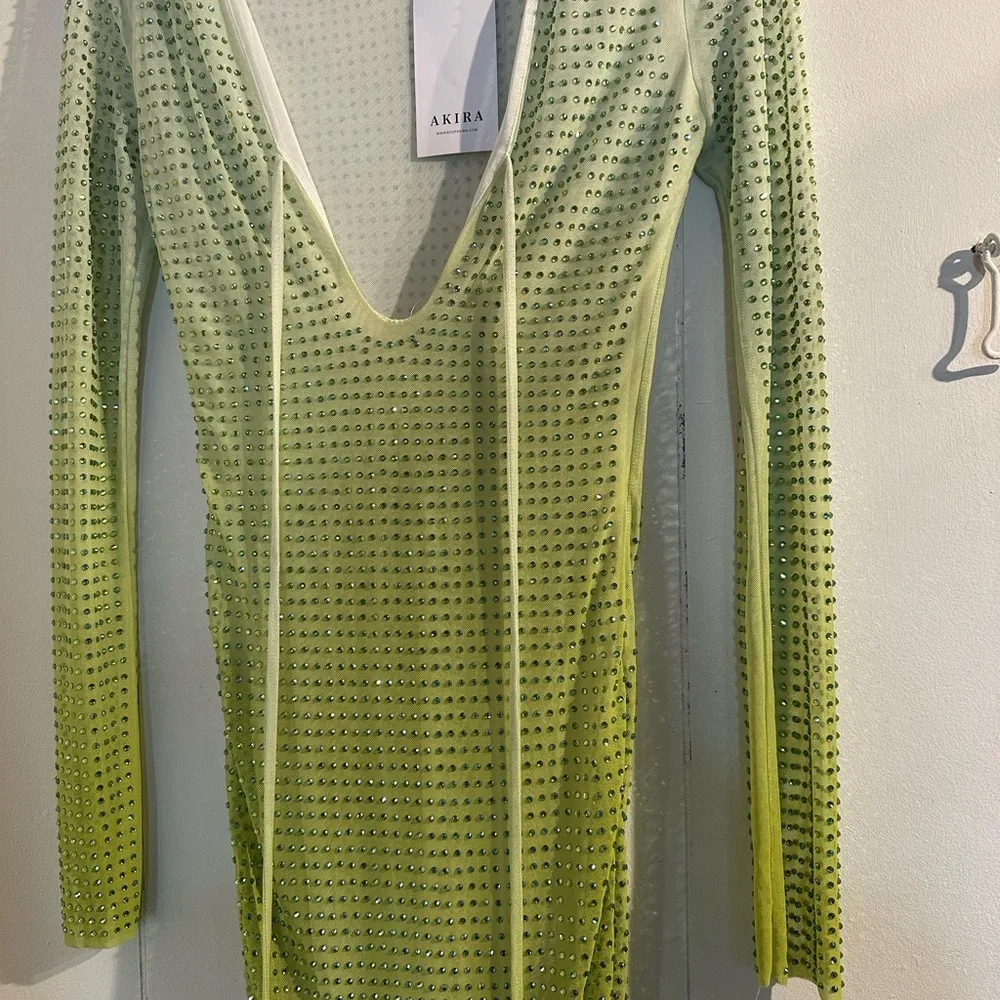 AKIRA Lime Green full rhinestone ombré Long Sleeve midi Dress - Image 3