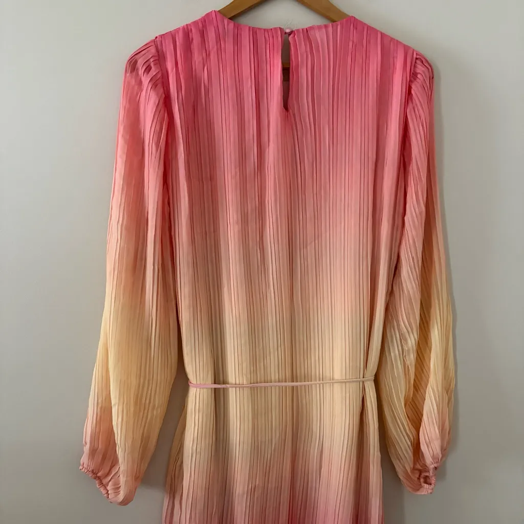 New Something Navy Maxi Dress Pleated Tie Waist Long Sleeve pink combo ombré M - Image 11