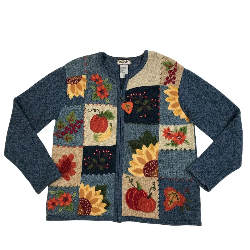 TIARA Vintage Patchwork Enbroidery Full Zip Cardigan Sz M Blue Retro Cottage Y2K - Image 5