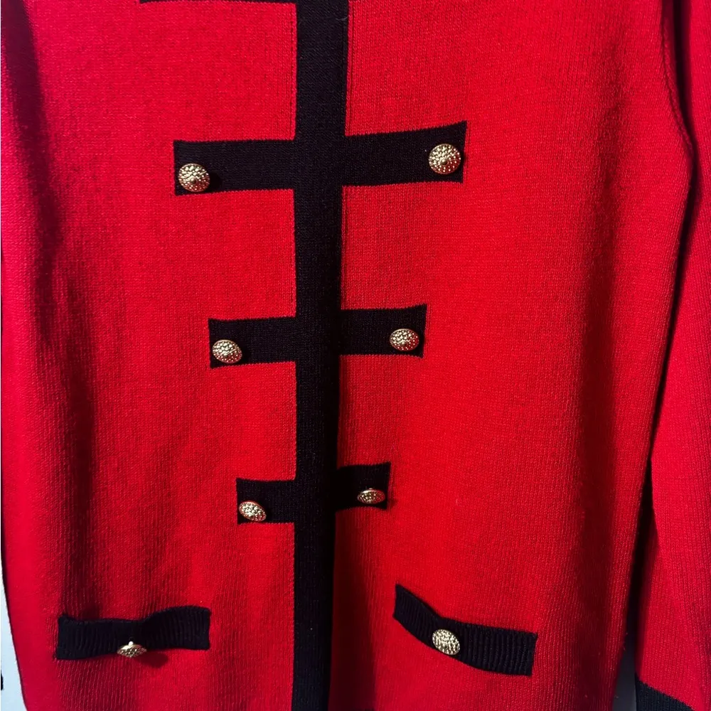 VTG Laura By Alyzia Red/Black knit sweater with gold buttons, shoulder pads. EUC Size L - Image 6