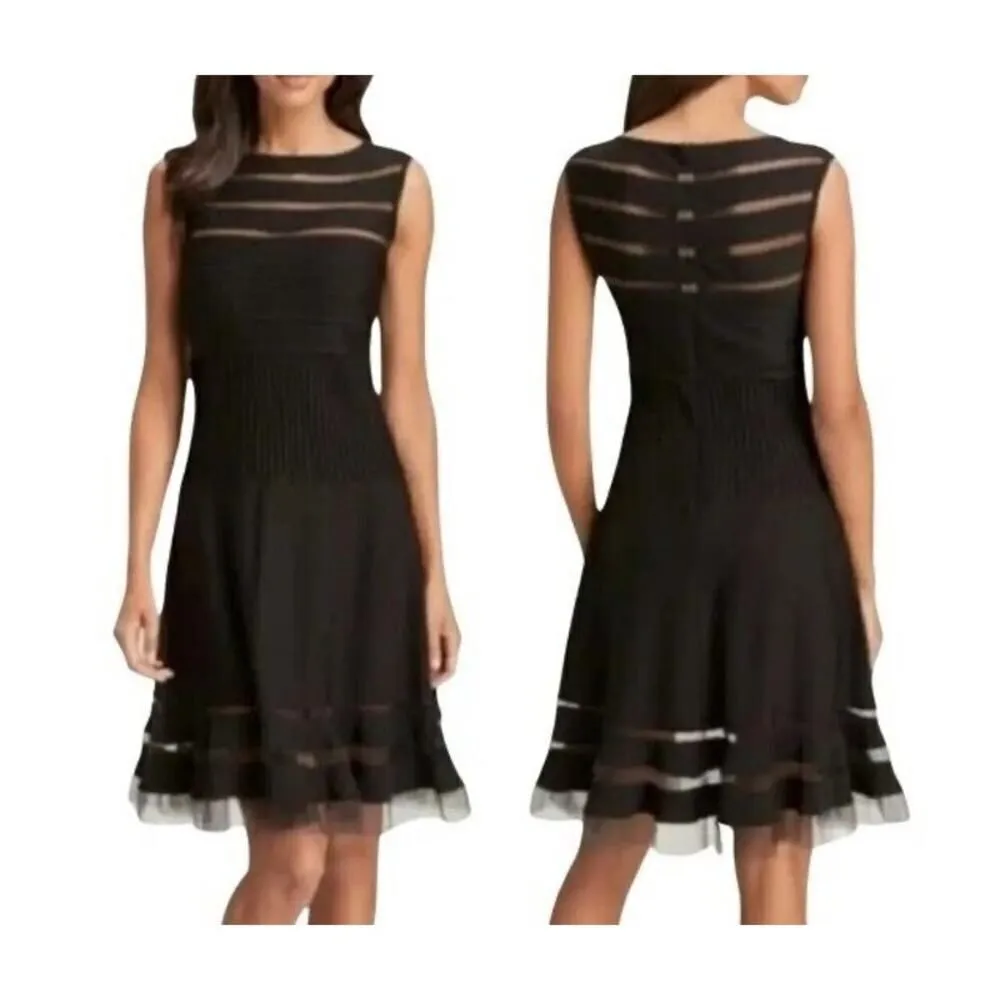 TADASHI SHOJI Designer Mesh Stripe Fit n Flare Illusion Dress Black Size 3X - Image 6
