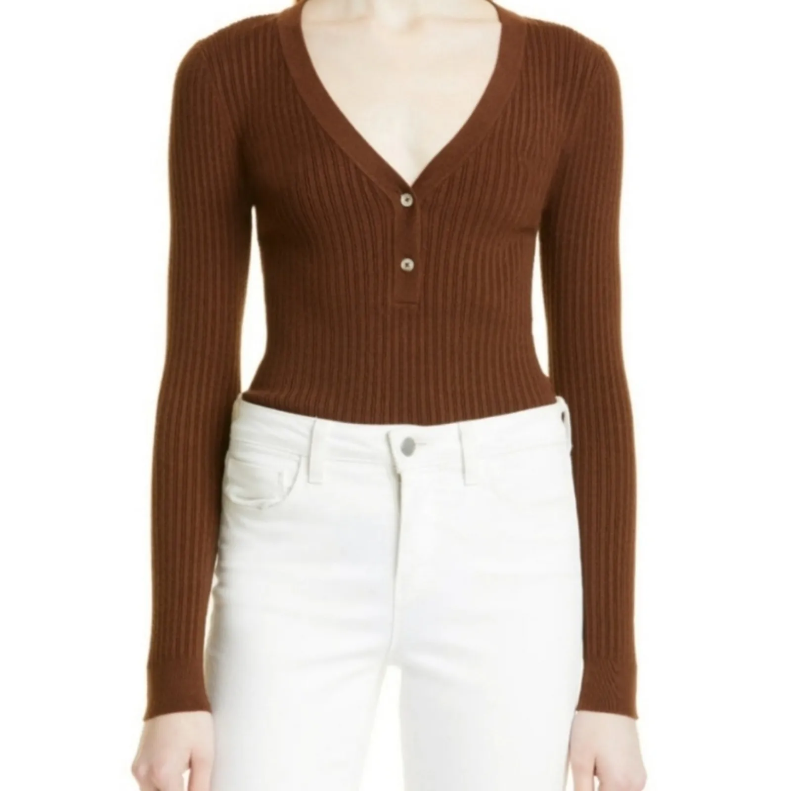 L'AGENCE Lira Rib‎ Henley Bodysuit Size XL Chocolate Brown New with Tag $365 - Image 14
