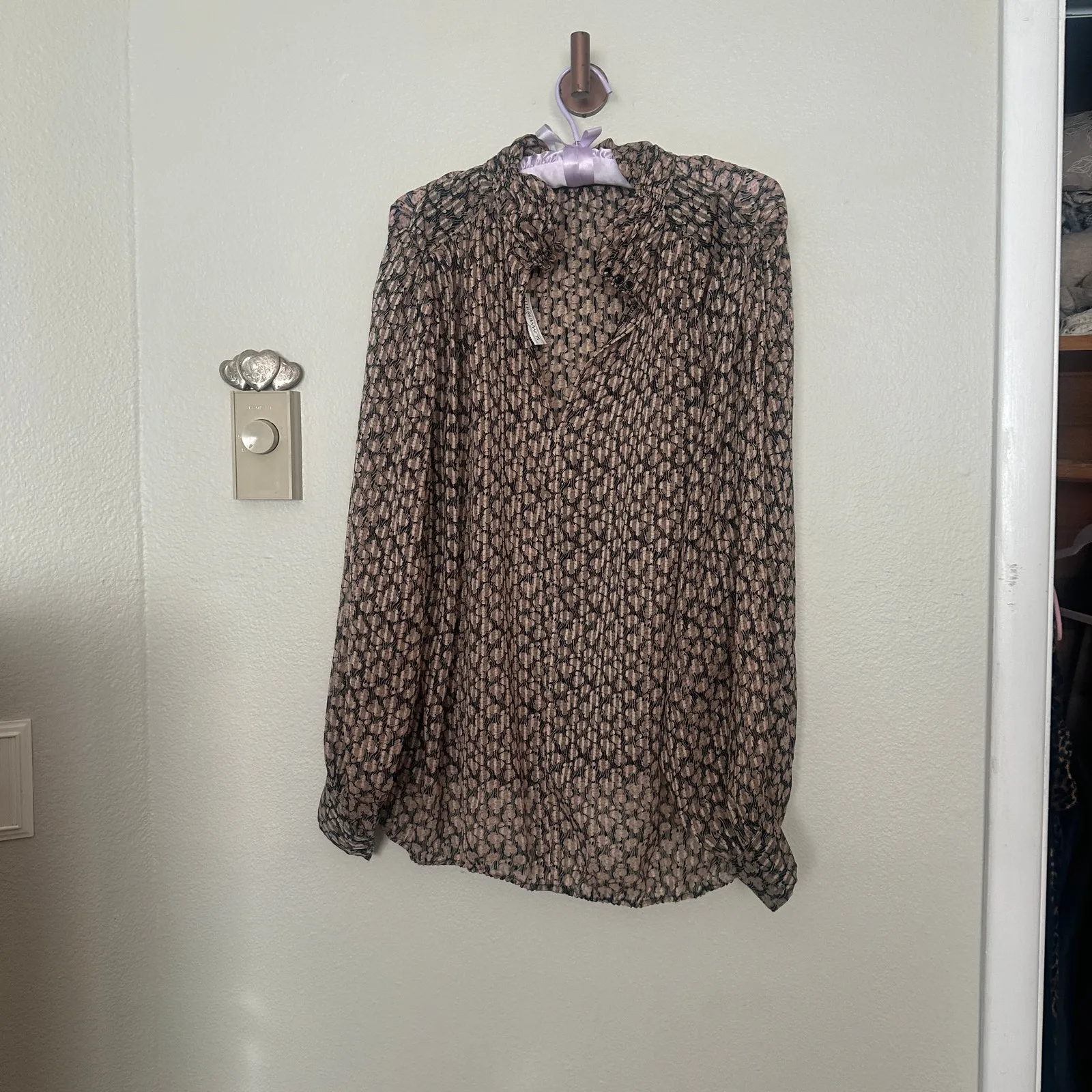 Vintage Sz 18 High Neck Sheer Chiffon Long Sleeve Peasant Crop Blouse Minimalist Brown - Image 5