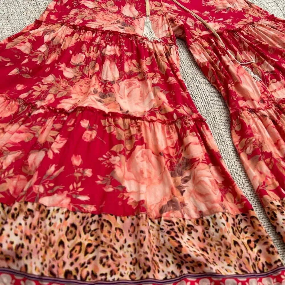 Aratta Silent Journey Wide Leg Pants Flowy Floral Boho Beachy Rose Ankle Small Red - Image 4