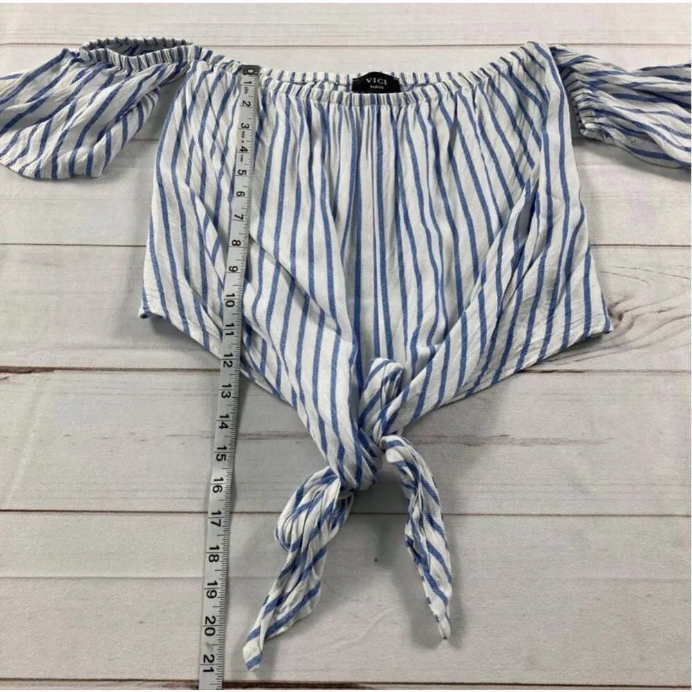 Vici Womens White & Blue Striped Off The Shoulder Tie Waist Top Size Large - Image 8