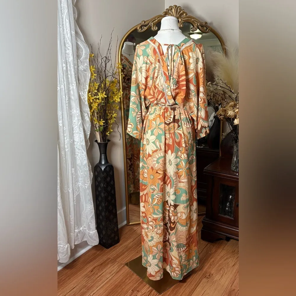 Groovy Floral Wrap Maxi Dress Belted Kimono Sleeve Boho Retro Orange Teal - Image 4
