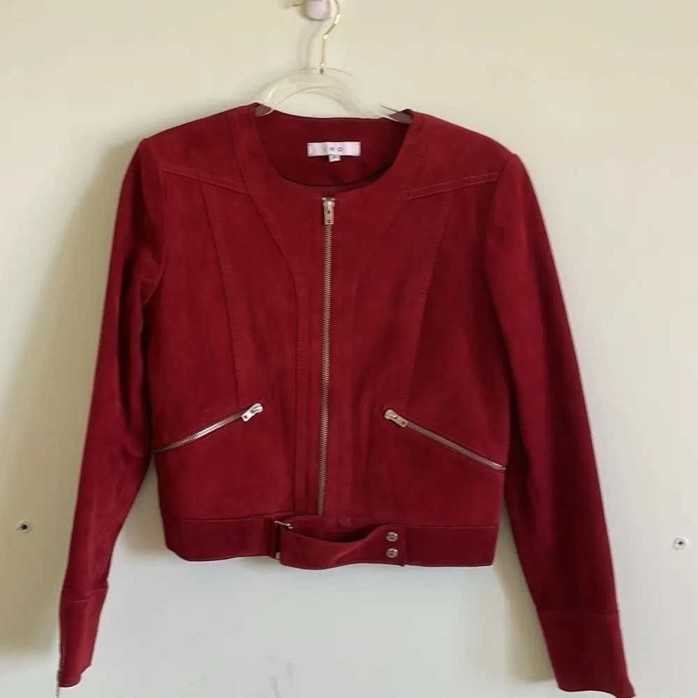 IRO Tatiana Red Suede Leather Jacket Silver Zippers Buckle Belt Fall Size 8 (40) - Image 7