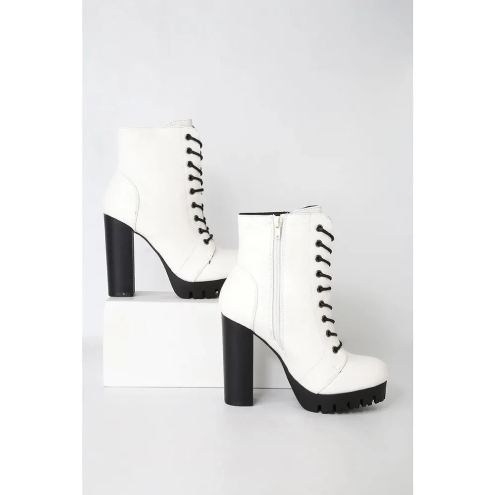 Lulus Gigi white lace up block heel platform booties - Image 2