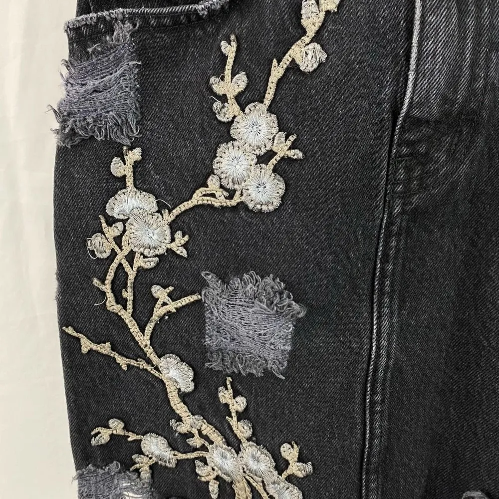 Carmar Black High Rise Slim Fit Distressed Floral Embroidered Denim Skirt Black Size 24 - Image 3