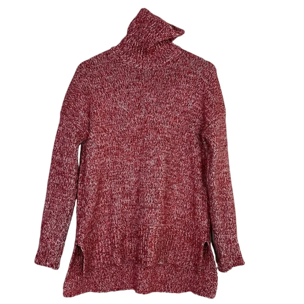 J.Crew Oversized Wool Blend Chunky Cable Knit Turtleneck High Low Sweater S Red - Image 2