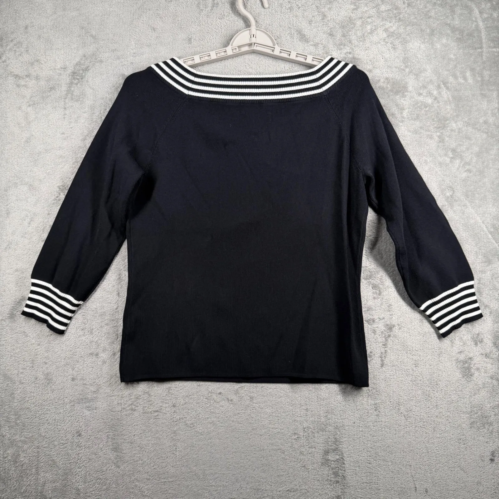 Michelle Antonelli Black White Striped Sweater Boat Neck 90s Y2K Office Siren XL Size L - Image 3