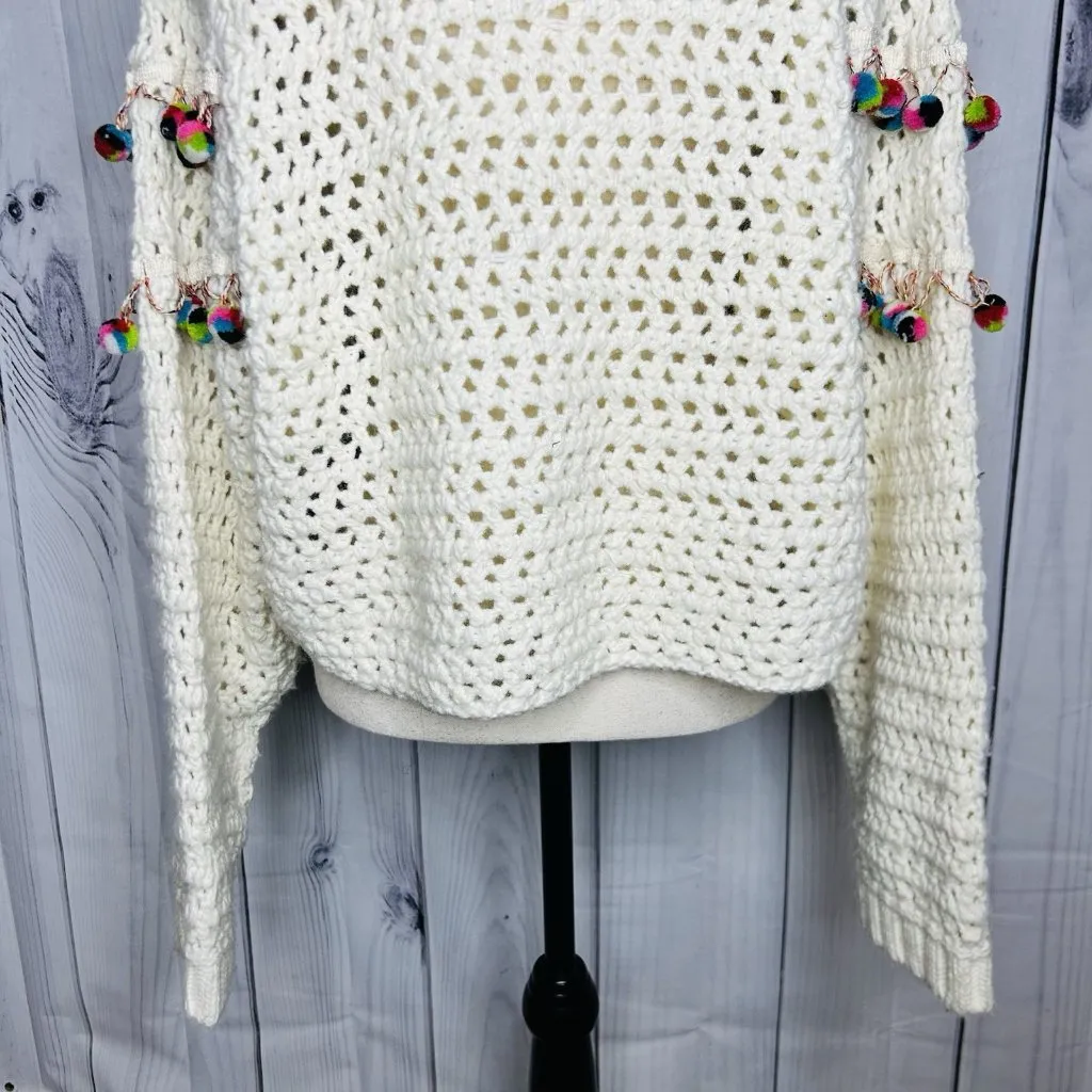 ZARA Chunky Open Knit Wool Blend Sweater Size S Pom Pom Oversized Artsy Boxy - Image 10
