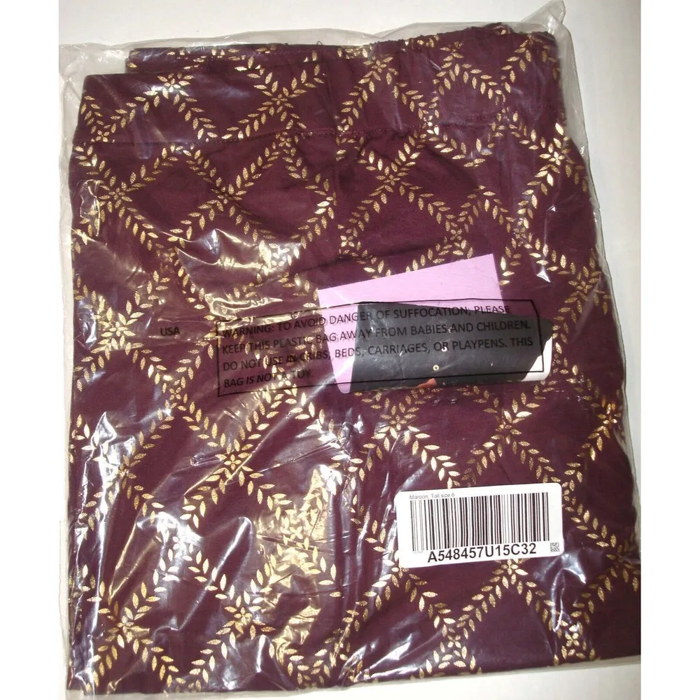 New Womens Isaac Mizrahi Live! Stretch Maroon Red Gold Foil Leaf Pants 8 T Tall - Image 2