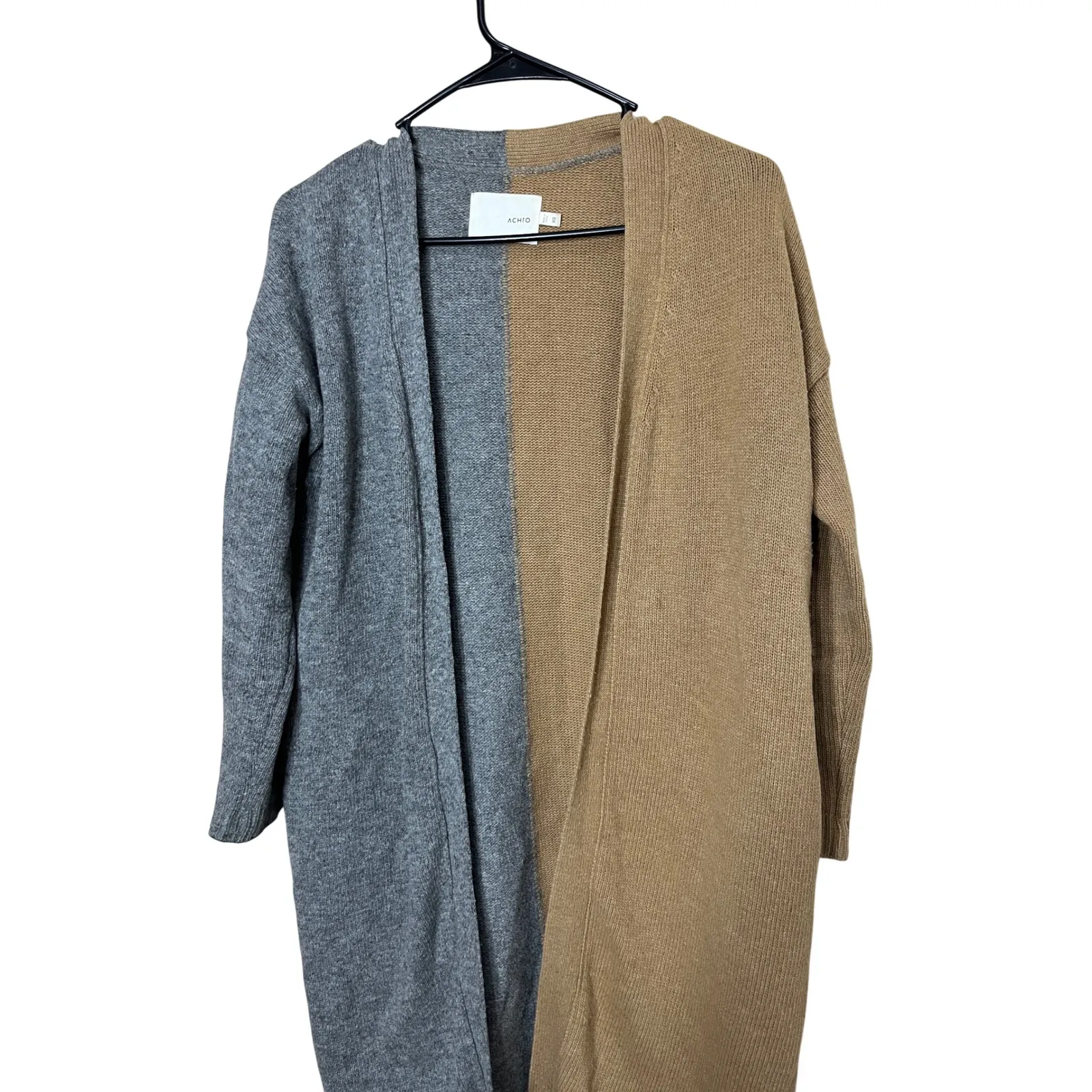 ACHRO cardigan long duster colorblock gray camel knit women XS - Image 2