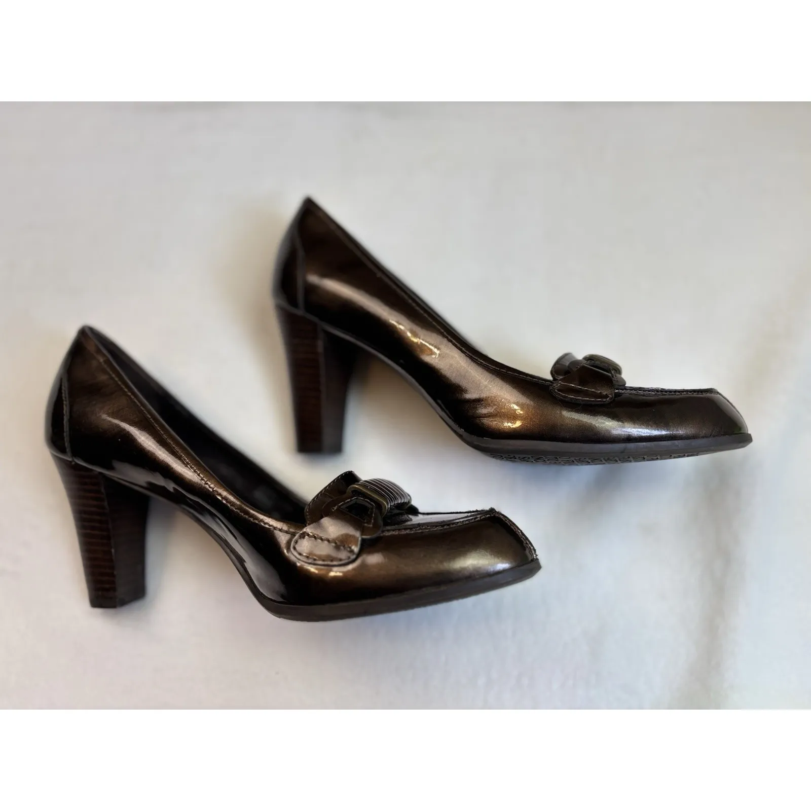 EUC Franco Sarto 8M Gable Chocolate Brown Patent Leather Pointed Toe Heels 3"‎ - Image 3