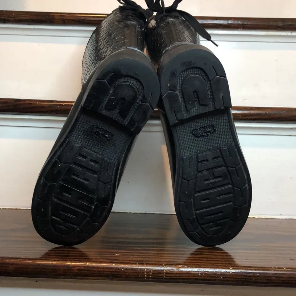 COACH Jacquard Signature C Laced Up Back Bow Heeled Black Rainboots Sz 9 - Image 12