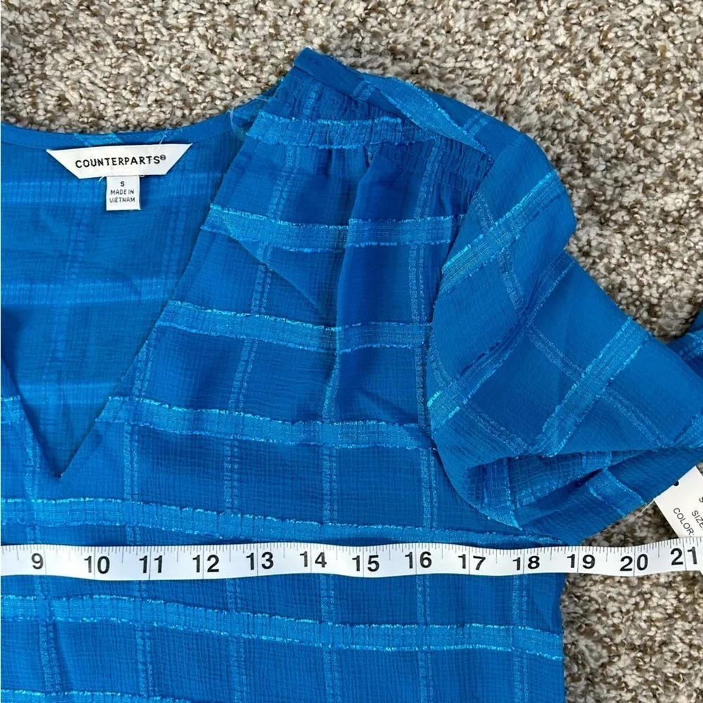 🦋NWT Counterparts Blue V-Neck Shimmery Textured Long Sleeve Semi-Sheer Blouse S - Image 5