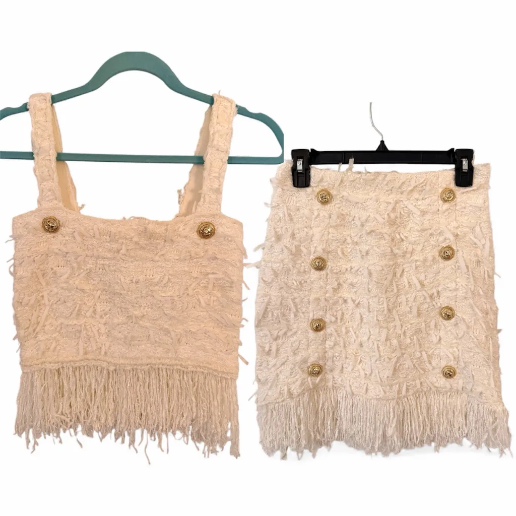 LOUISE JAMES XS Elegant Cream Top and Skirt Set Fringe Detail Tweed Gold - Image 2