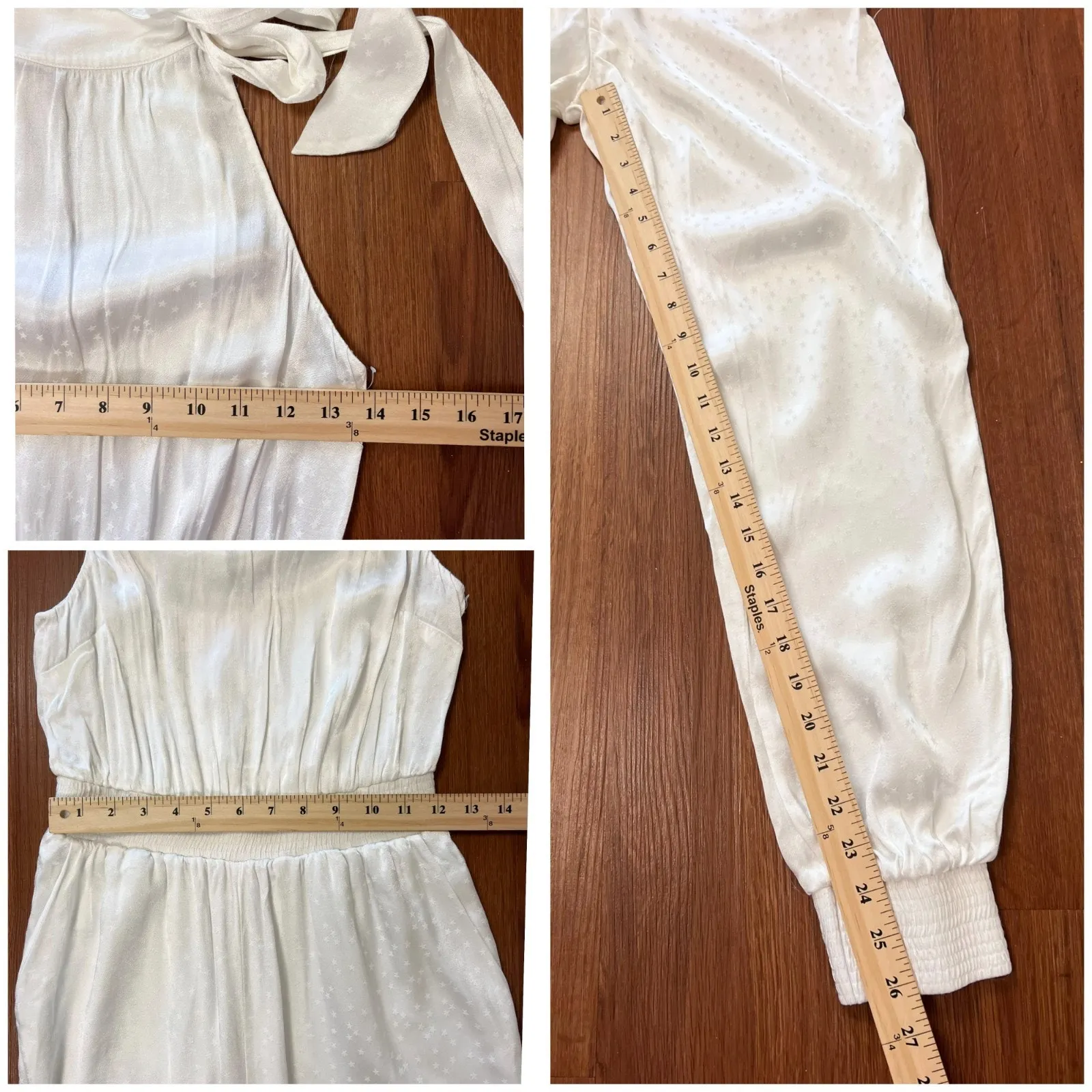 Cinq a Sept White Satin Halter Satin Jumpsuit Xs White Tie Neck Star Jacquard - Image 8