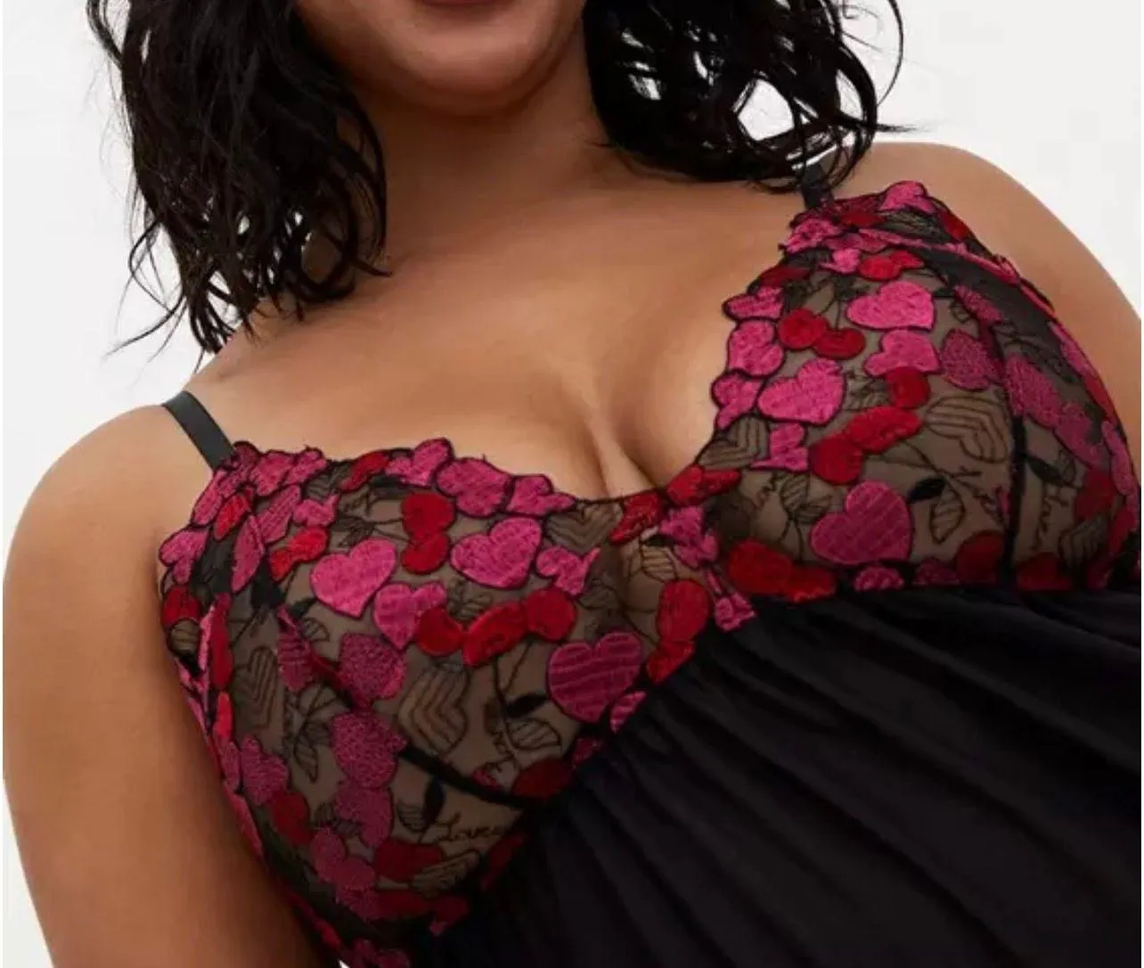 Black & Pink Heart Embroidered Mesh Babydoll - Image 3