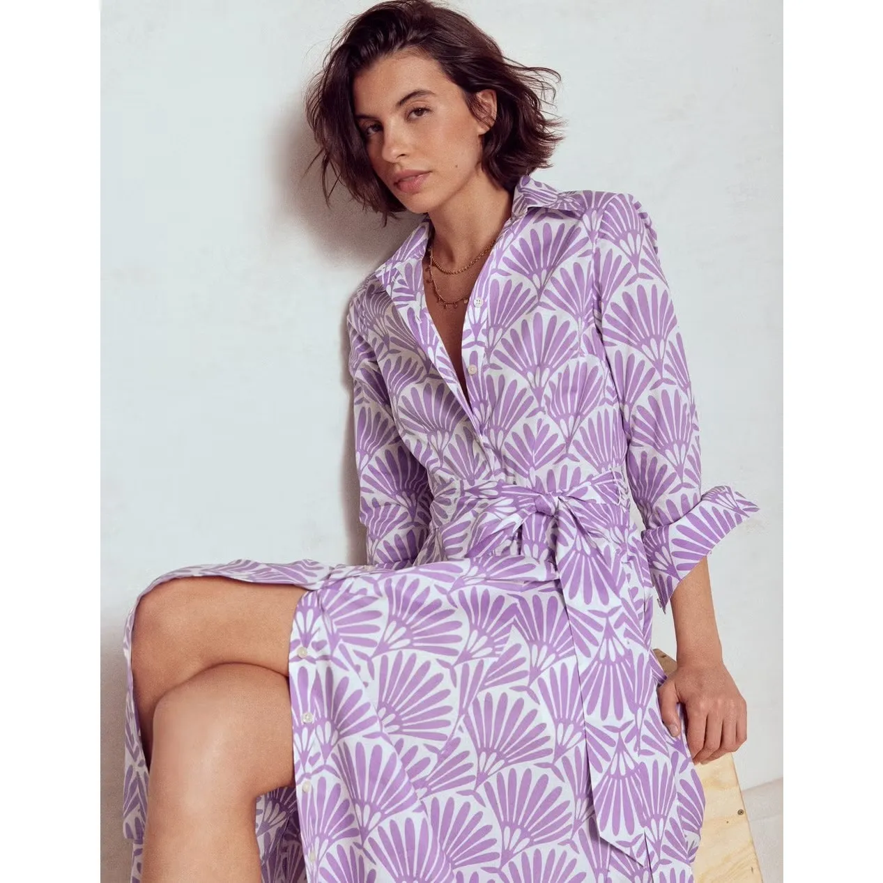 Boden Riviera Floral Bloom Collar Button Down Long Sleeve Shirt Midi Dress Purple Size 8 - Image 3