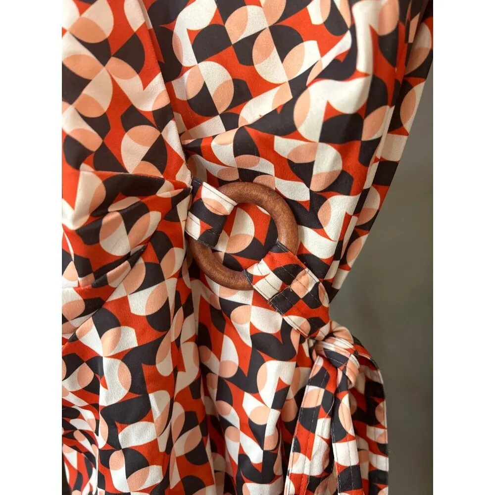 Alexia Admor Paris Surplice Wrap Midi Dress Brown Geo Womens Size Medium - Image 6