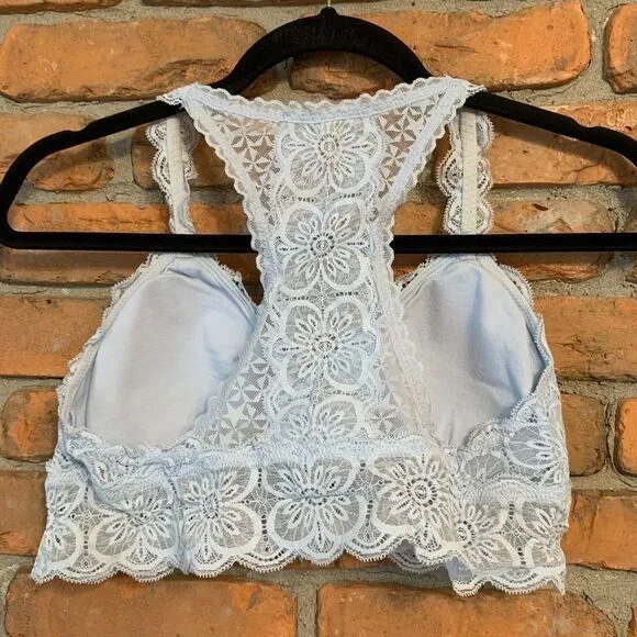 Aerie Womens Large Bralette Light‎ Blue Floral Lace Wireless Padded Bra Lingerie - Image 2