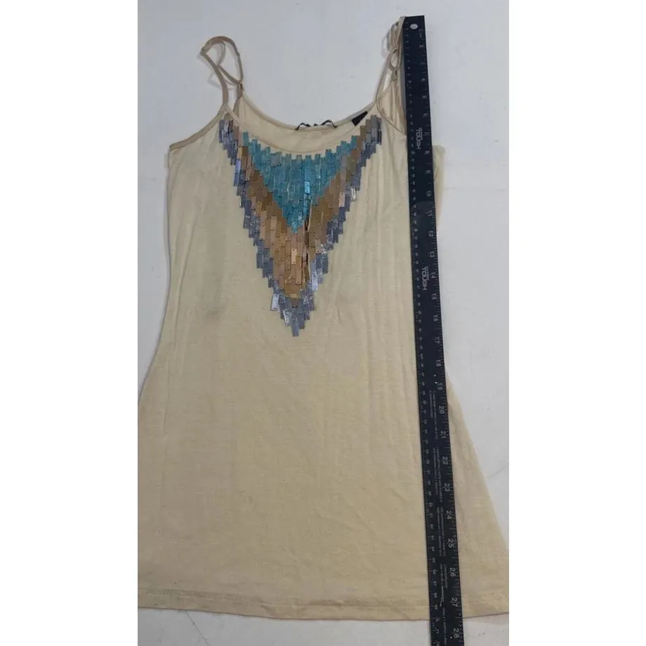 BKE Sequin Metal Beaded Tank Top Cami Y2K Boho Hippie Sheer Blouse Size Small - Image 7