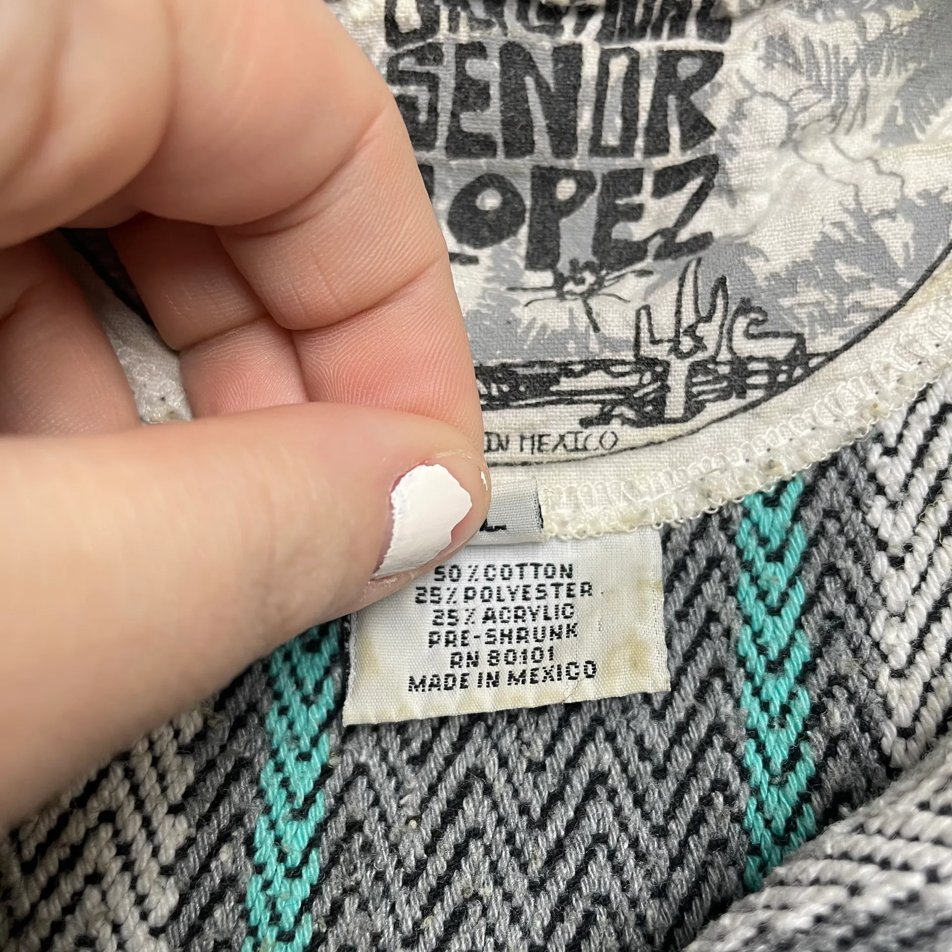 Original Senõr Lopez Gray & Teal Baja Hoodie Poncho Size L - Image 7