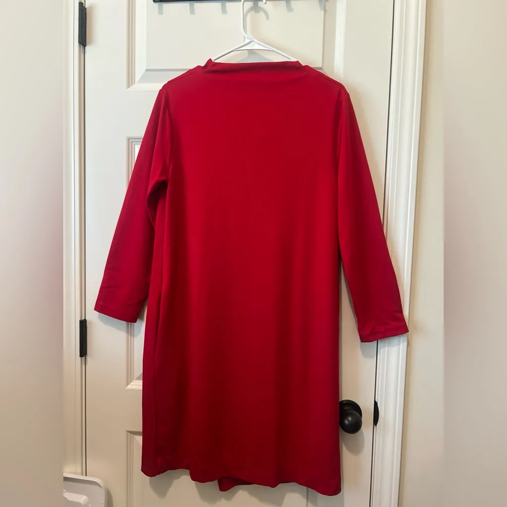 Joan Vass Red long sleeve drape front dress with pockets. - Image 3