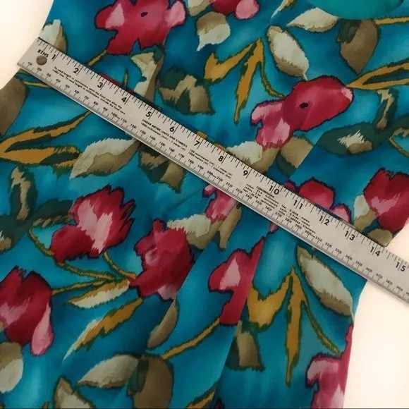 PAPELL Petites 100% Silk Turquoise Teal Floral Sheath Dress Size 2P Vintage - Image 9