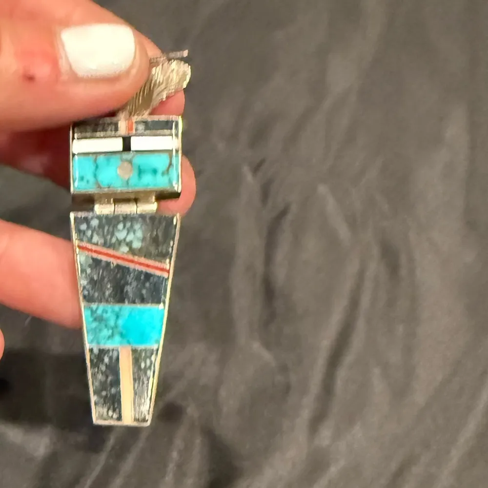 Larry M Chavez Navajo sterling High grade turquoise, Coral yei pendant Blue - Image 6