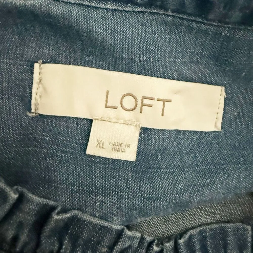 LOFT | Plus Chambray Ruffle Trim Blouse Denim-look Button Down Top | Size XL - Image 5
