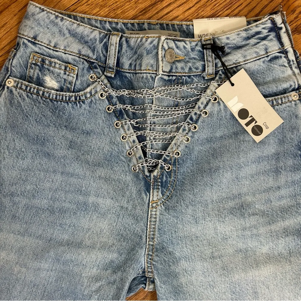 TOPSHOP | Silver Toned Chain Moto Cropped Denim Jeans NWT Size 2 - Image 9