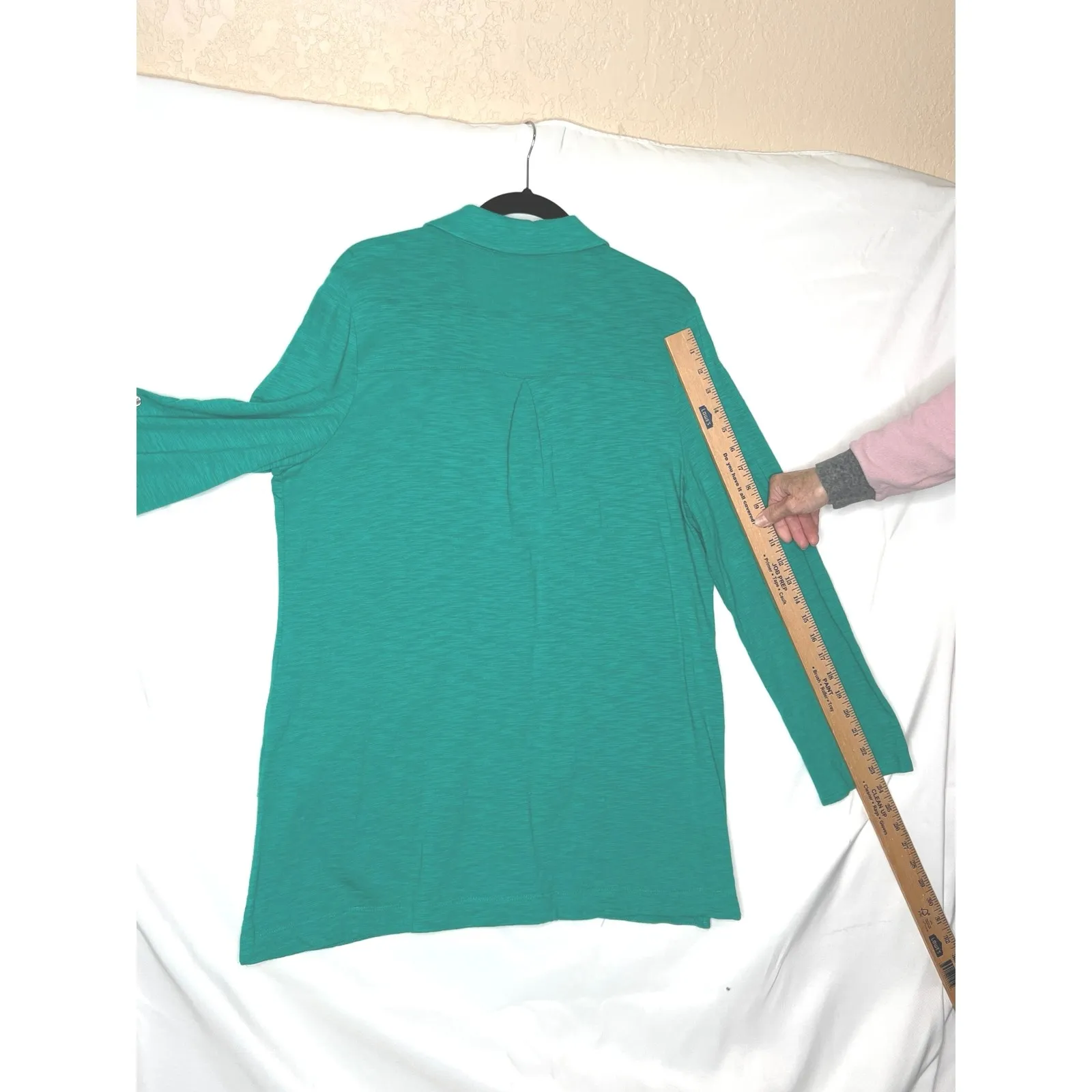 Chico's size 2 tunic button up rolled ab sleeves teal knit career modest office - Image 6