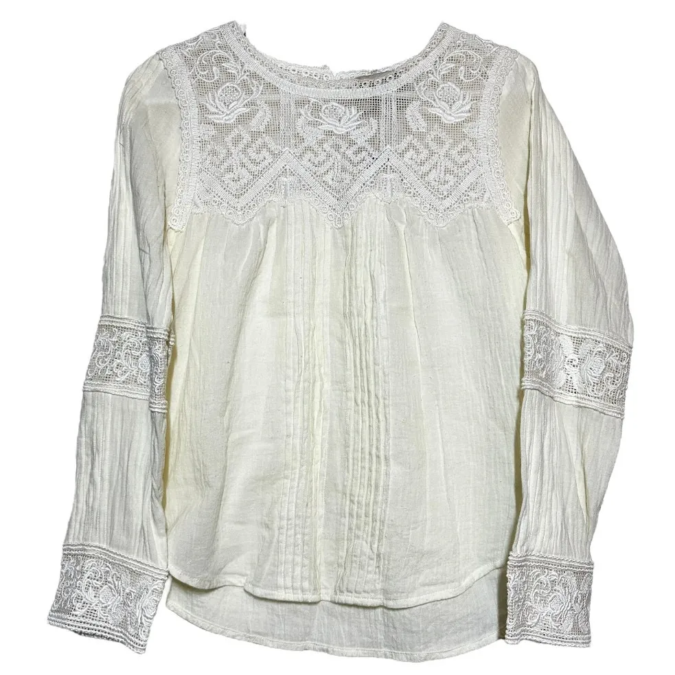 SEA NY Embroidered Blouse 100% Cotton Long Sleeve Pleated Scoop Neck Cream 0 - Image 2