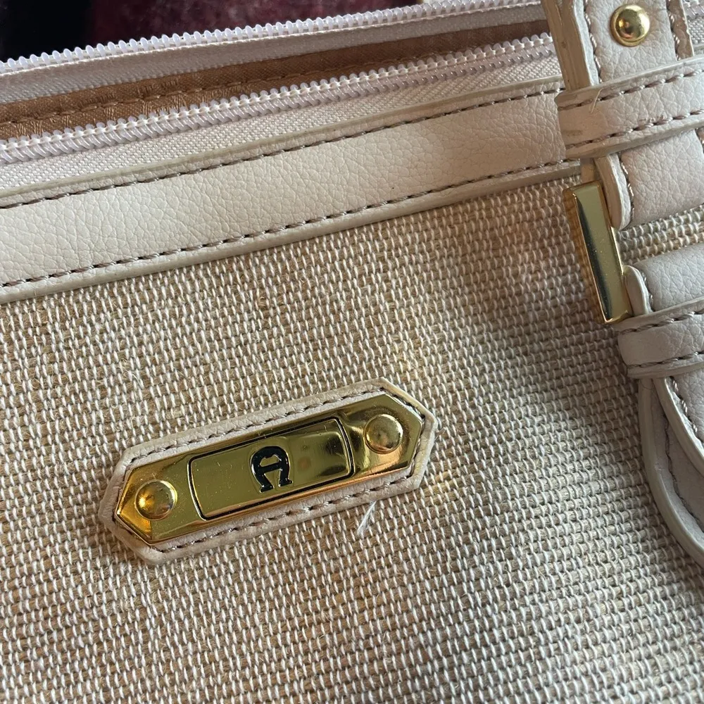 Vintage Etienne Aigner Bone leather and woven jute double handled satchel - Image 11