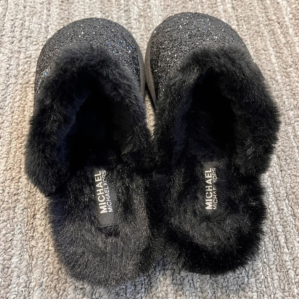 Michael Kors Slipper Janis Black Glitter House Shoes Faux Fur Slip On 6.5 7 - Image 5