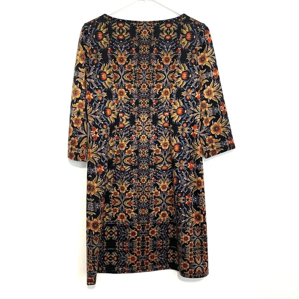MAGGY L LONDON Black Mustard Blue Retro Geometric Floral 3/4 Sleeve Shift Dress - Image 8